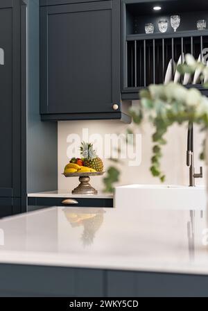 Selective focus of fruit and decorations on marble counter top in contemporary chic kitchen with dark cabinets Stock Photo