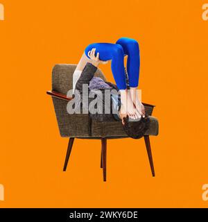 Contemporary art collage. Person in blue leggings covered eyes to guy lying down in brown chair against an orange background. Surrealistic art style. Stock Photo