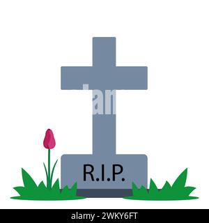 Grave With Rip Gravestone with grass on ground. Old tombstone on grave with text RIP ...