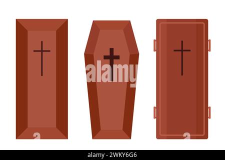 Set of coffins. Brown beautiful wooden coffin with cross on the lid. Vector illustration of accessories for death Stock Vector