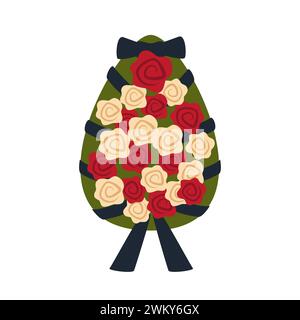Funeral wreath with white and red roses and a mourning ribbon. Funeral ceremony symbol, stock vector illustration Stock Vector