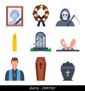 Funeral icons. Funeral accessories. Funeral wreath, coffin, tombstone, urn with ashes, death, priest, corpse, hearse, flowers, will. Ritual services, Stock Vector