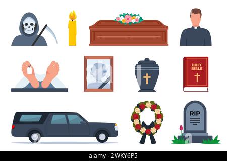 Funeral icons. Funeral accessories. Funeral wreath, coffin, tombstone, urn with ashes, death, priest, corpse, hearse, flowers, will. Ritual services, Stock Vector