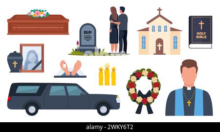 Funeral icons. Funeral accessories. Funeral wreath, coffin, tombstone, urn with ashes, death, priest, corpse, hearse, flowers, will. Ritual services, Stock Vector