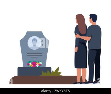 Sad man and woman dressed in mourning clothes standing near grave with tombstone. Grieving people or relatives on graveyard or cemetery. Vector illust Stock Vector