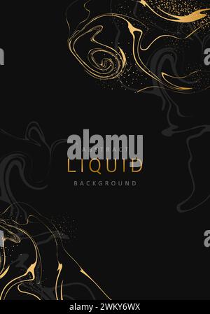 Abstract liquid background. Fluid art. Elegant cover design. Luxury marble pattern in gold and black colors. Minimalist vector template for invitation Stock Vector