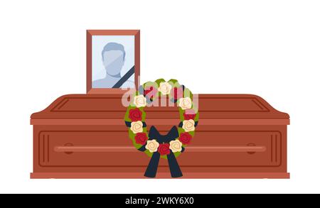 Dead young man coffin and photo. Funeral ceremony. Ritual service. Male picture and flowers wreath on coffin. Vector illustration Stock Vector