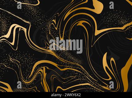 Gold and black Liquid backgrounds. Luxury Marble stone texture with glowing golden veins. Futuristic poster with abstract lines. Vector minimalistic Stock Vector