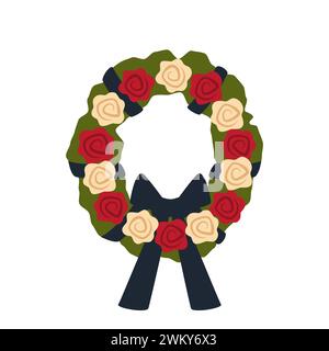 Funeral wreath with white and red roses and a mourning ribbon. Funeral ceremony symbol, stock vector illustration Stock Vector
