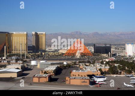 A general overall aerial view of a Doritos advertisement on the  Luxor hotel and casino on the Las Vegas strip on Friday, Feb. 16, 2024. Stock Photo