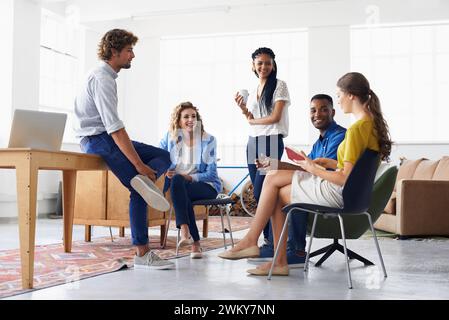 Business team, planning and listen to discussion for blog, brainstorm and strategy for articles. Diverse, colleagues and journalists for career Stock Photo