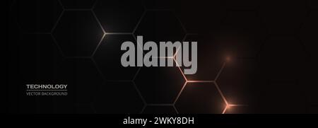 Hexagon technology black and gold colored honeycomb abstract background. Vector illustration wide hi-tech banner design concept Stock Vector