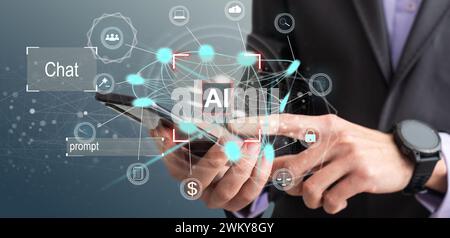 Man using tools AI. technology smart robot science and artificial intelligence technology, and innovation futuristic and global connection for Stock Photo