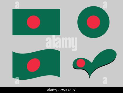 Bangladesh flag. Bangladesh flag in heart shape. Bangladesh flag in circle shape. Country flag variations Stock Vector