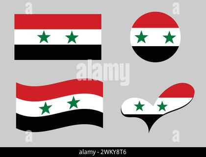 Syrian flag. Syria flag in heart shape. Syria flag in circle shape. Country flag variations Stock Vector