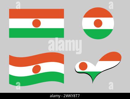 Nigerian flag. Niger flag in heart shape. Niger flag in circle shape. Country flag variations. Stock Vector
