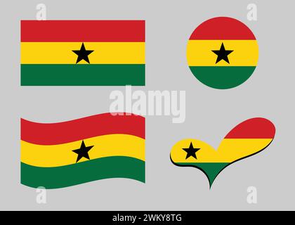 Ghanaian flag. Ghana flag in heart shape. Ghana flag in circle shape. Country flag variations. Stock Vector