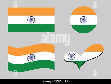 Indian flag. Flag of India in heart shape. India flag in circle shape. Country flag variations. Stock Vector