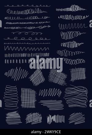 Hand drawn scribbles set. Grunge scrawls, charcoal scribbles, white pencil curly lines, curvature strokes, curved and shapes. Scrawl vector isolated t Stock Vector