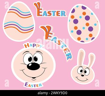 Easter set of stickers. Easter bunny, egg, cartoon face. Congratulations Easter stickers Stock Vector