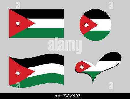 Jordanian flag. Flag of Jordan in heart shape. Jordan flag in circle shape. Country flag variations. Stock Vector