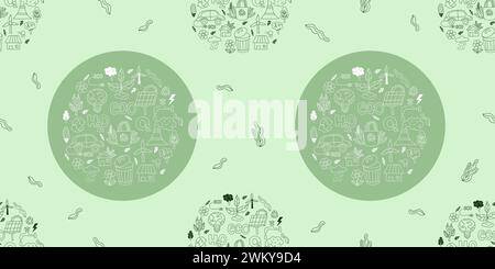 Ecology seamless pattern. Ecological lifestyle icons on green background. Vector illustration in hand drawn linear doodle style Stock Vector
