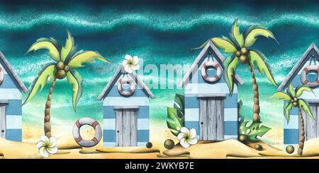 Beach, sea houses, cute, wooden with coconut palms on a sandy island. Watercolor illustration in cartoon style. Seamless summer, beach border for Stock Photo