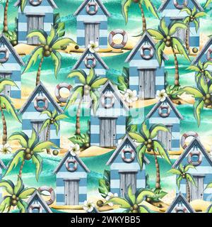 Beach, sea houses, cute, wooden with coconut palms on a sandy island. Watercolor illustration in cartoon style. Seamless summer, beach pattern for Stock Photo
