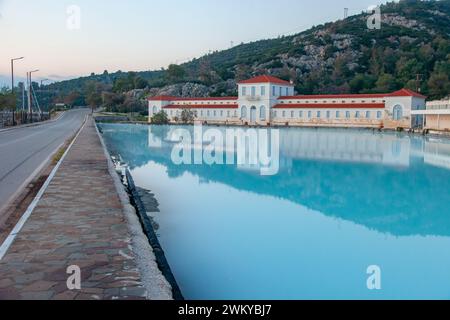 The therapeutic water of Methana town and the Baths, Greece Stock Photo ...
