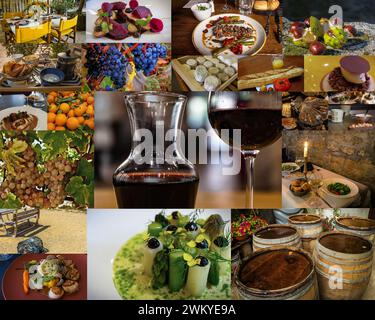 Delicious food in France. Collage of photos of various delicious French dishes. French food assortmen. Traditional cuisine concept. Stock Photo