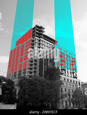 Modern building with red highlights, divided by cyan vertical elements against grayscale city background. Contemporary art collage. Stock Photo