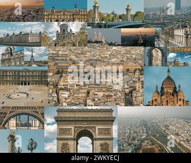 Paris famous landmarks collage. Beautiful photos of the Eiffel tower in Paris and other famous places Stock Photo