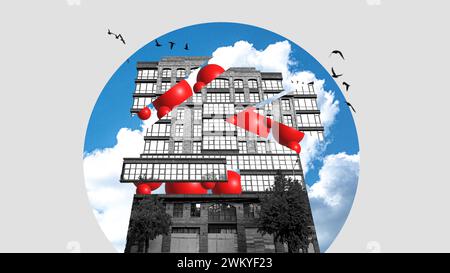 Black and white modern building with red geometric shapes, set against blue sky with clouds and bird silhouettes. Contemporary art collage. Stock Photo