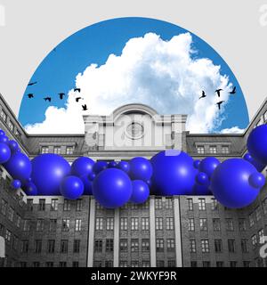 Monochrome building facade with blue spherical balloons under blue sky with clouds and bird silhouettes. Contemporary art collage. Stock Photo