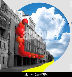 Urban scene with monochrome buildings, red spherical accents, blue sky with clouds, and bird silhouettes. Contemporary art collage. Stock Photo