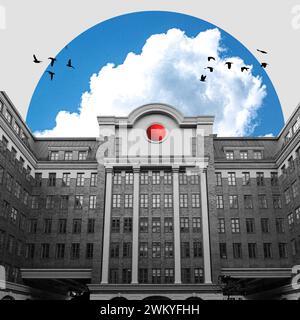 Black and white building facade with red spherical element under blue sky with clouds and bird silhouettes. Contemporary art collage. Stock Photo