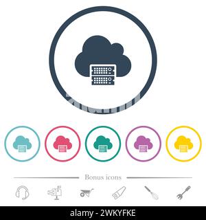 Cloud servers flat color icons in round outlines. 6 bonus icons included. Stock Vector
