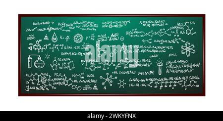 Blackboard with inscriptions .Chemical formula on whiteboard.Scientific and education background.School writing board .Vector illustration. Stock Vector