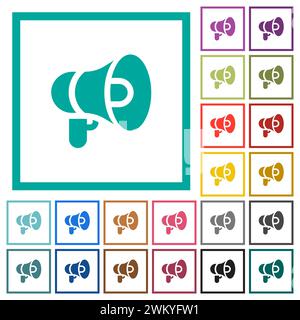 Megaphone solid flat color icons with quadrant frames on white background Stock Vector