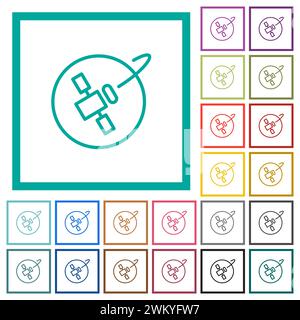 Satellite in orbit flat color icons with quadrant frames on white background Stock Vector
