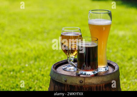 Variety of beer glasses on rustic wooden barrel. Sunny outdoor with copy space Stock Photo