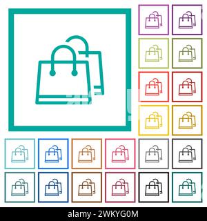 Two shopping bags outline flat color icons with quadrant frames on white background Stock Vector