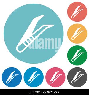 Medical tweezers flat white icons on round color backgrounds Stock Vector