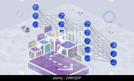 Ascending the Steps of Network Building: From Data Prep to Model Deployment, 3D rendering Stock Photo