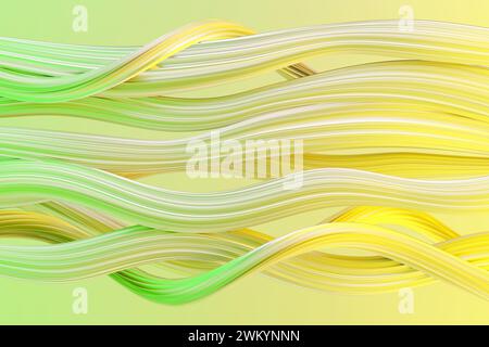 Abstract yellow and green background with flowing wavy lines creating a dynamic pattern. 3d rendering Stock Photo