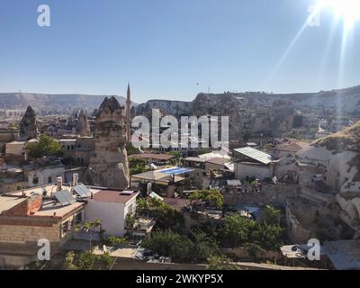 Aerial drone shot of the Fairy Chimneys over the landscape of Goreme, Cappadocia. High quality photo Stock Photo