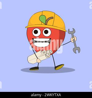 Art illustration Doodle Kawaii Fruits Symbol Character Apple Mascot Activity of Construction Work Stock Vector