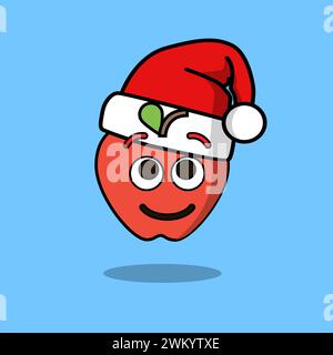 Art illustration Doodle Kawaii Fruits Symbol Character Apple Mascot Wear Christmas Hat Stock Vector