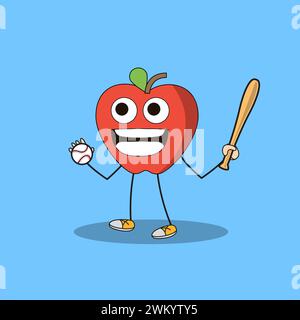 Art illustration Doodle Kawaii Fruits Symbol Character Apple Mascot Activity of Baseball Stock Vector