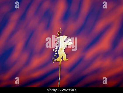 Berlin, Germany. 20th Feb, 2024. The Berlinale Bear is attached to the microphone during a press conference. The 74th Berlin International Film Festival will take place from February 15 to 25, 2024. Credit: Soeren Stache/dpa/Alamy Live News Stock Photo